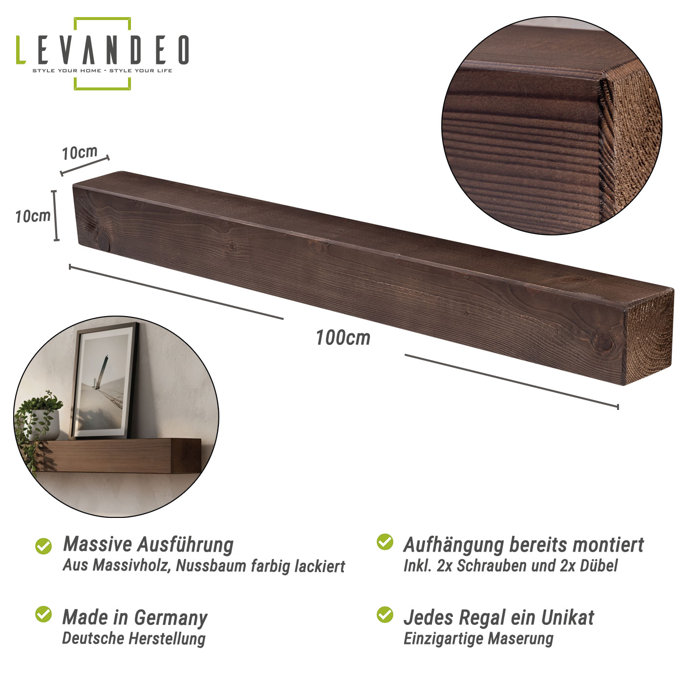 levandeo Wandregal Holz Massiv 100x10cm Nussbaum Farbig Wandboard Regal Vintage