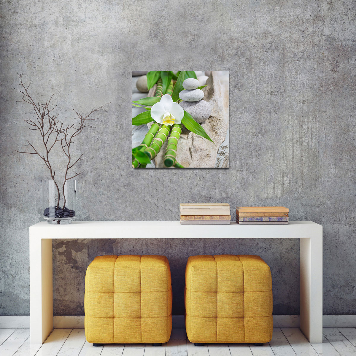levandeo Glasbild 30x30cm Weiße Orchidee Bambus Wellness Wandbild Wanddeko