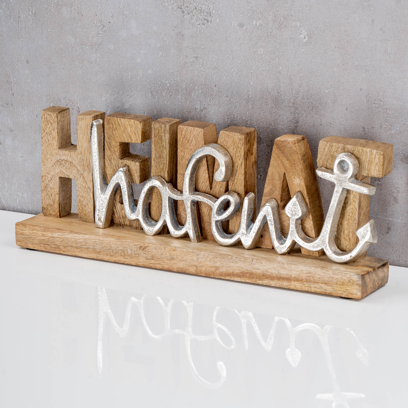 Deko Aufsteller Heimathafen L30cm Braun Holz Silber Mango Maritim Tischdeko