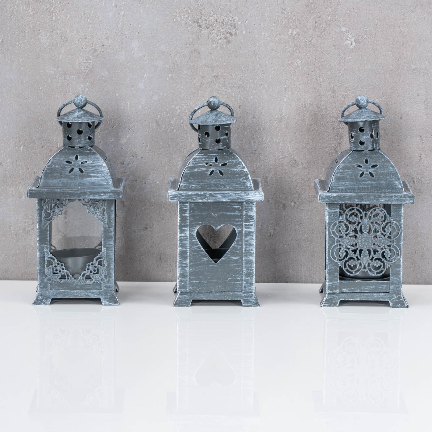 3er Set Laternen H14cm Grau Metall Shabby Chic Teelichthalter Tischdeko Outdoor