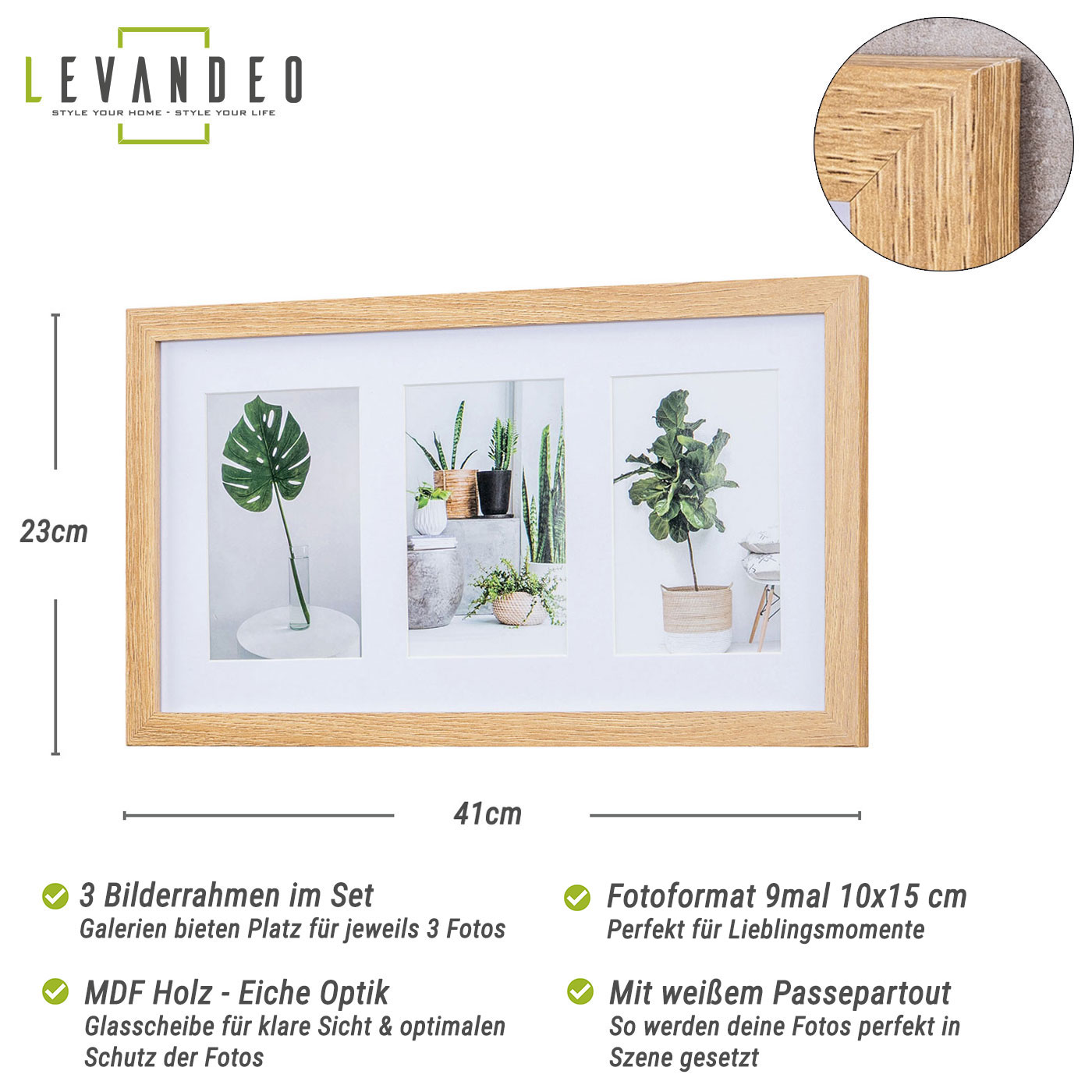 3er Set Bilderrahmen Collage 9 Fotos 10x15cm Eiche Optik MDF Passepartout Deko