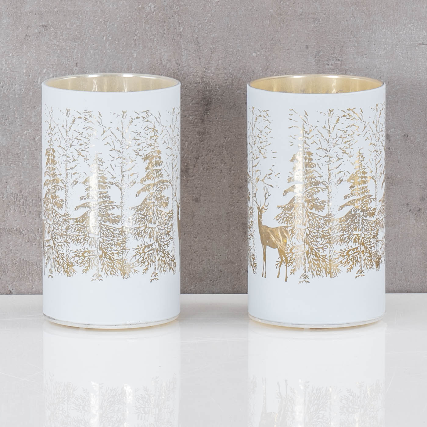 2er Set LED Windlicht H13cm Lichterkette Deko Glas Wald Weihnachten Tischdeko