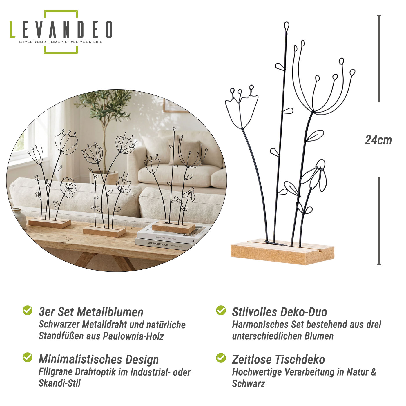 3er Set Aufsteller Blume Metall MDF Schwarz Natur Draht Deko Tischdeko Frühling