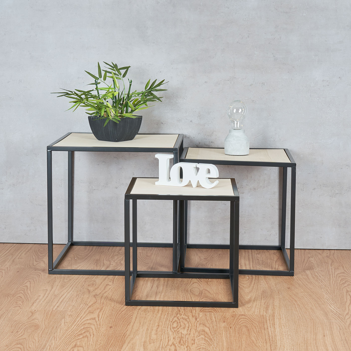 3er Set Beistelltisch Metall Schwarz Holz Cube quadratisch Couchtisch Deko Tisch