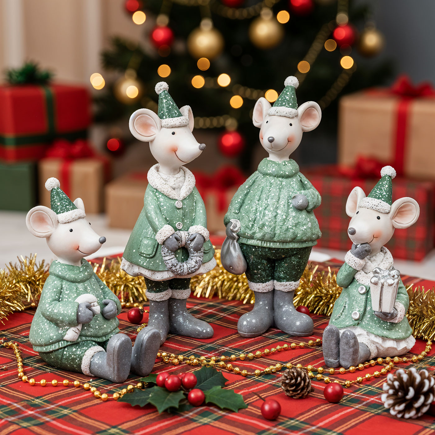 4er Set Mäuse Figuren Weihnachten Deko Kunstharz Grün Weiß Weihnachtsdeko Deko
