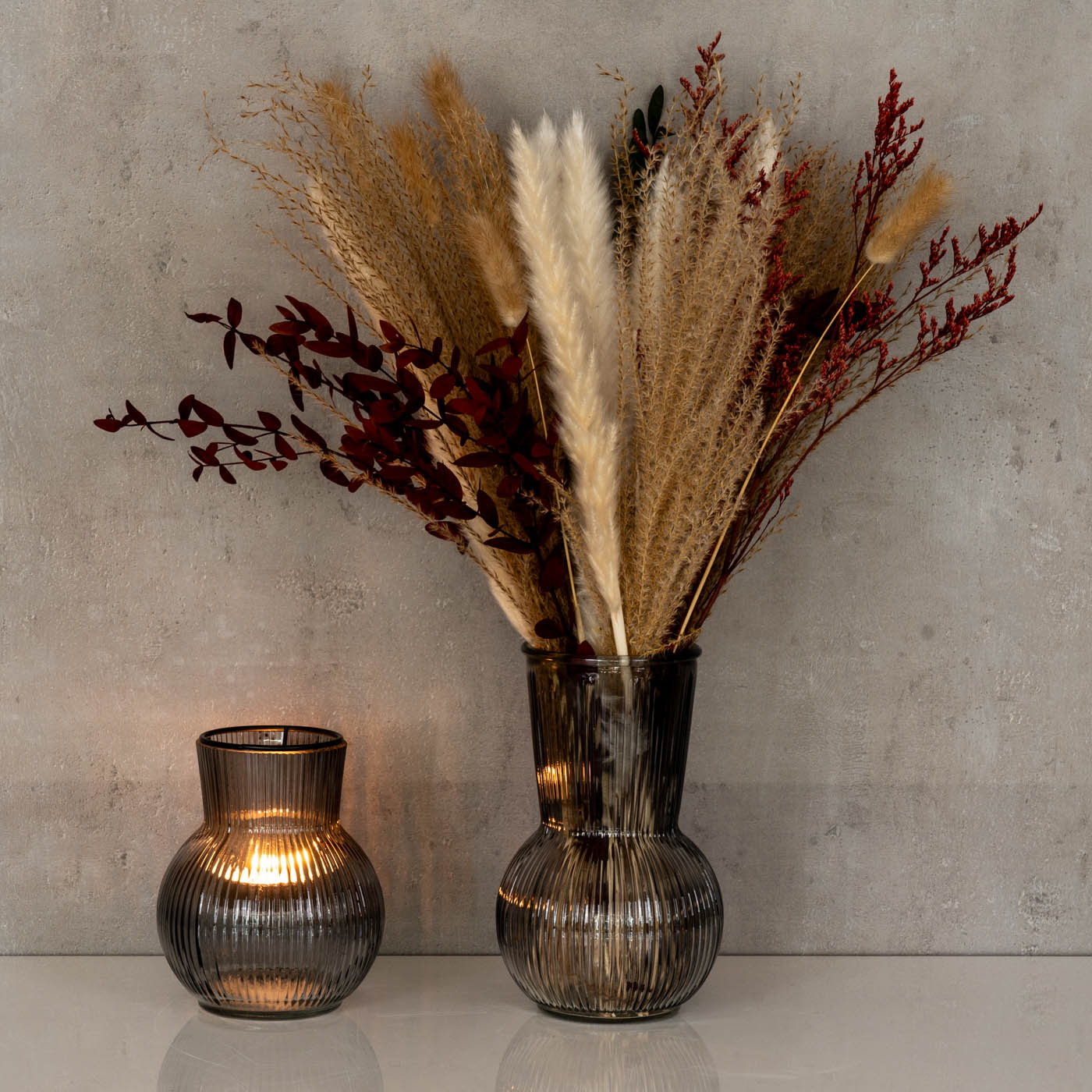2er Set Tischdeko Vase Windlicht Grau Glas Rund Teelichthalter Retro Rillen Deko