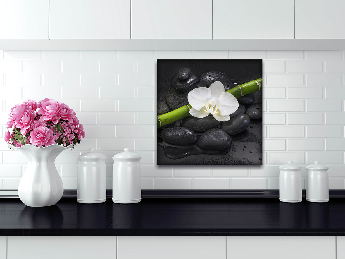 Glasbild 4er Set je 30x30cm Wandbild Glas lila Orchideen Blume Wanddeko Wellness