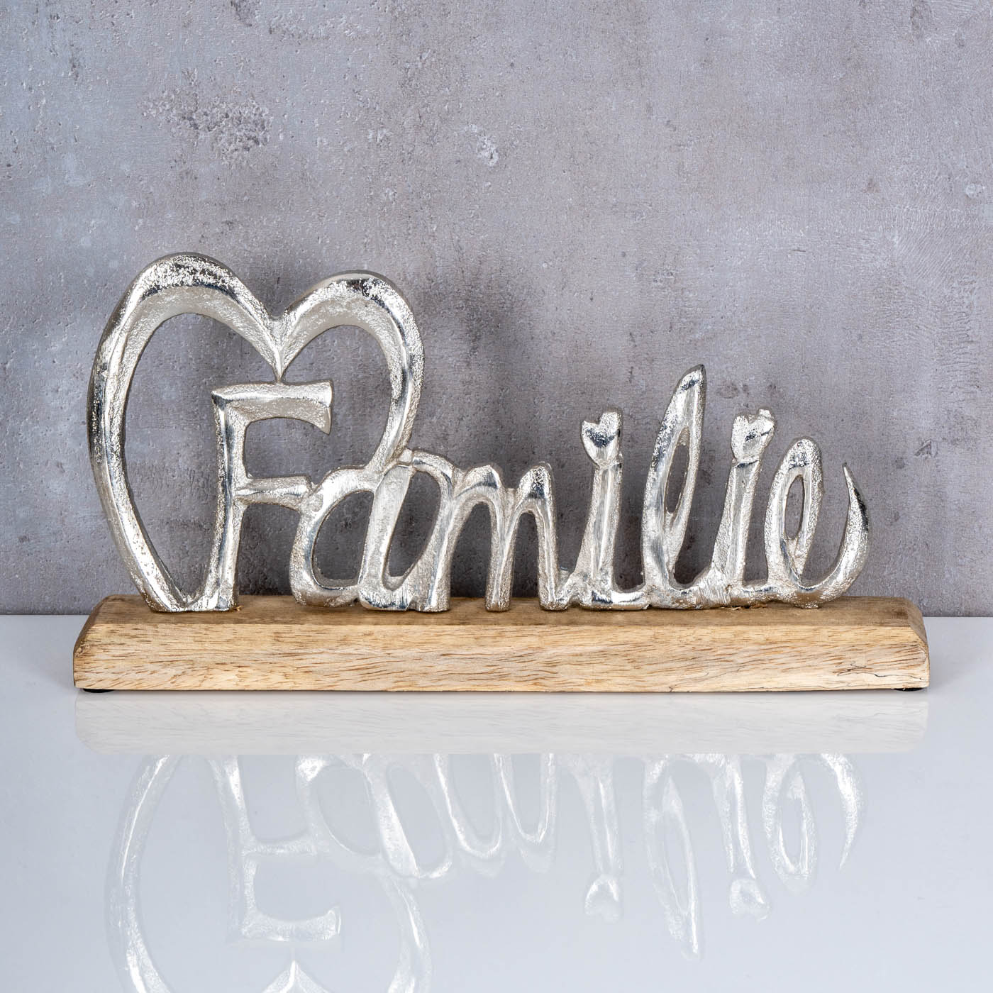 Familie Schriftzug Silber L30cm Metall Mango Holz Aufsteller Buchstaben Deko