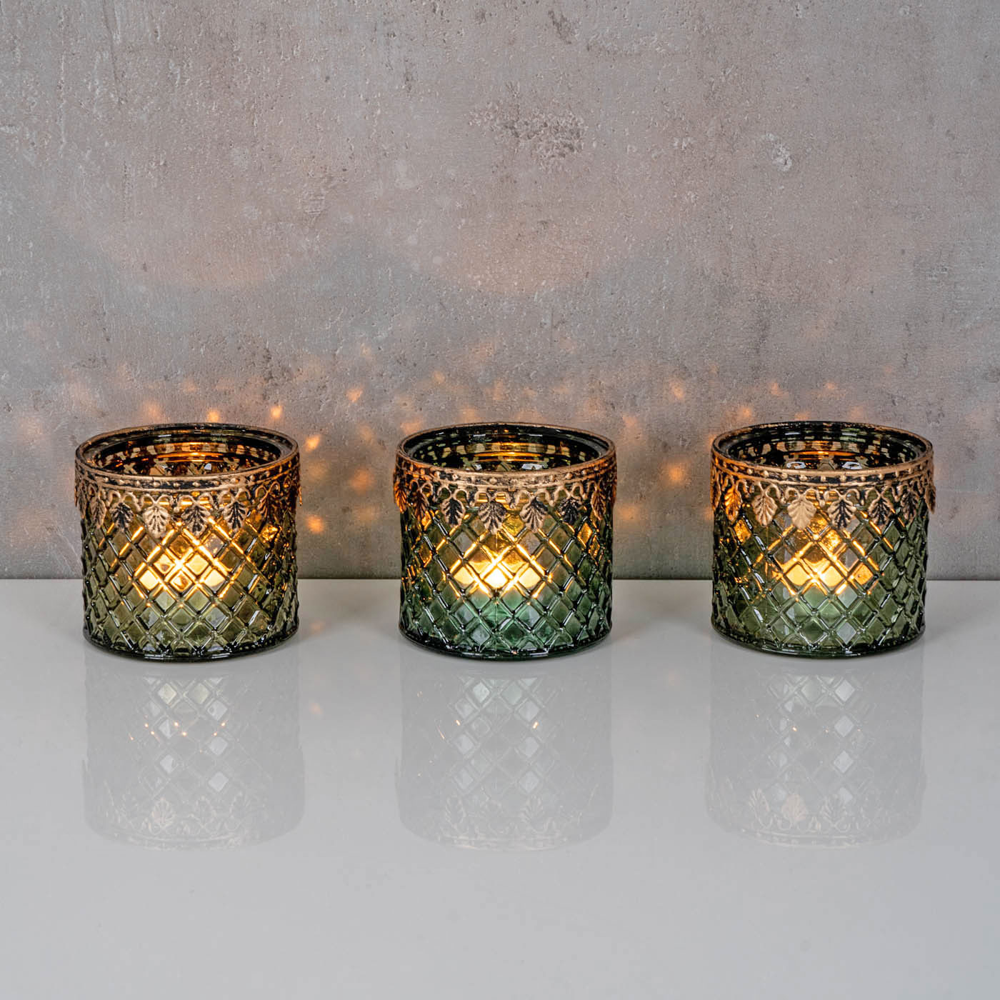 3er Set Teelichthalter Grün Gold Glas Retro Tischdeko Windlicht Kerzenhalter