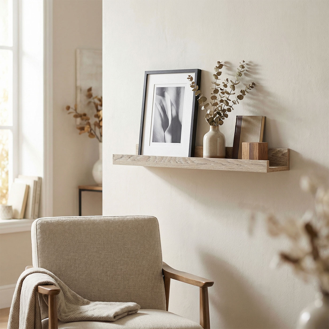 Bilderleiste Eiche Gekälkt L70cm MDF Holz Wandregal Schmal Wanddeko Hängeregal