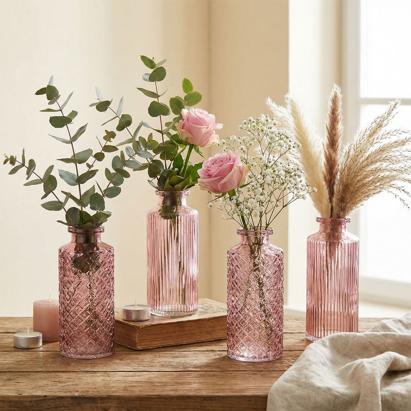 4er Set Vase Rosa H14cm Glas Blumenvase Tischdeko Frühling Blumendeko Glasvase