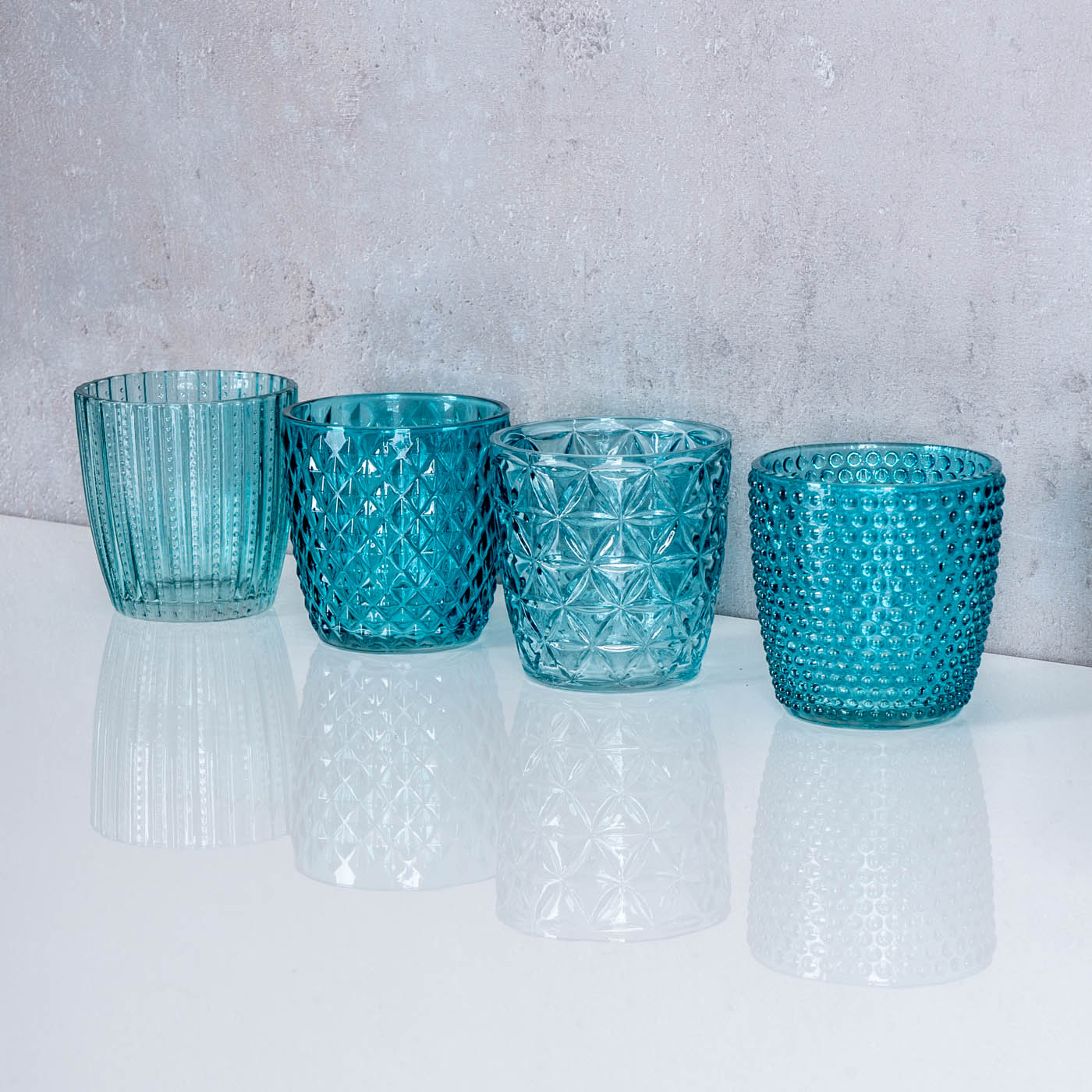 4er Set Windlicht H7,5cm Glas Türkis Teelichthalter Tischdeko Kerzen Retro Deko