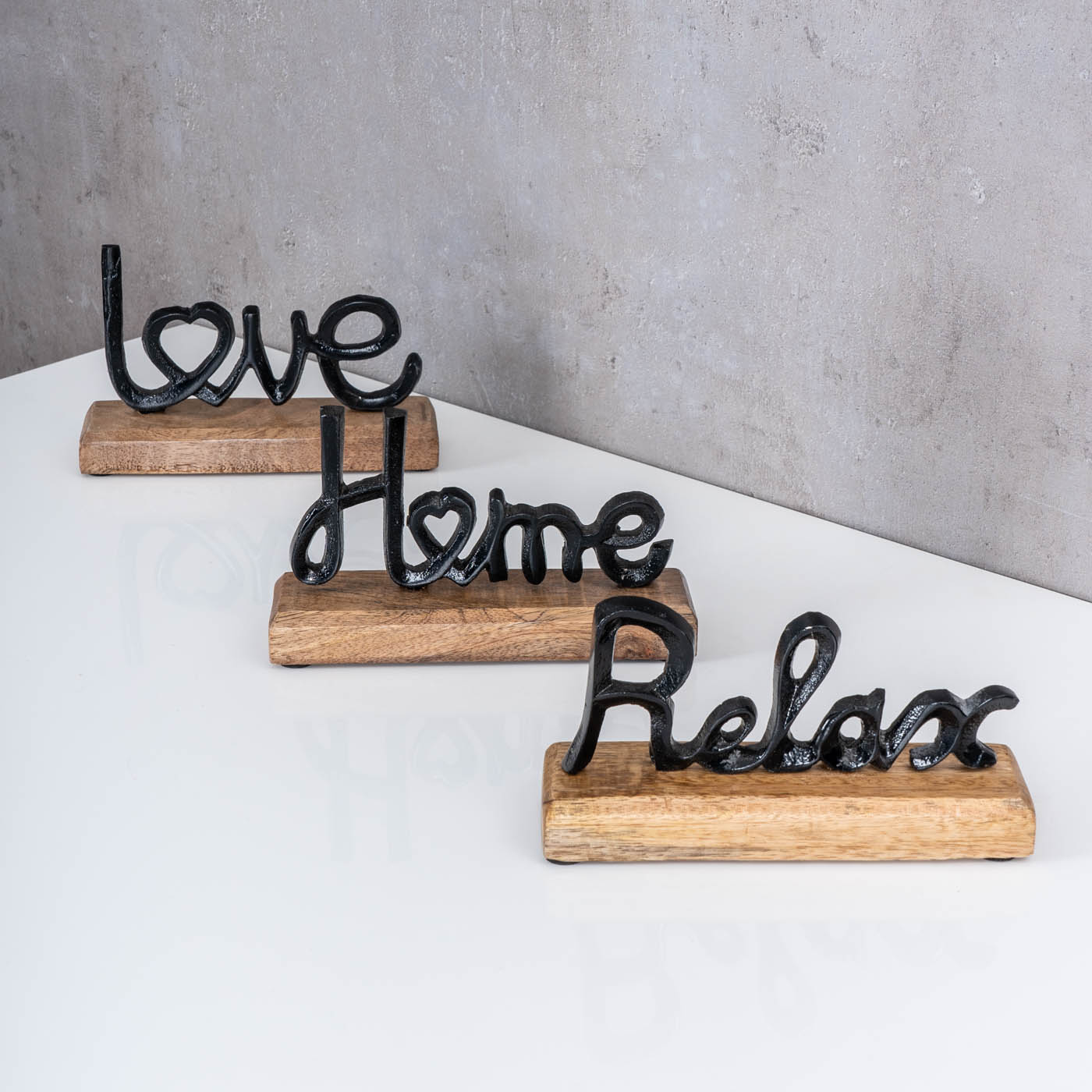 3er Set Schriftzug Love Home Relax Schwarz Mango Holz Metall Aufsteller Deko