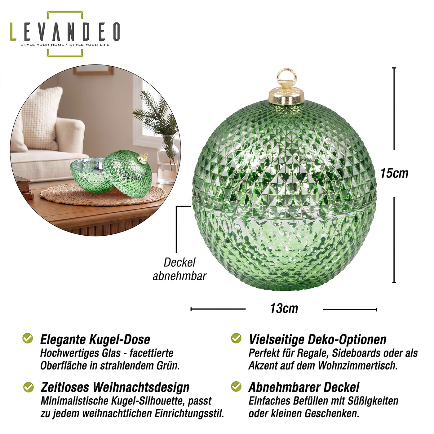 Deko Dose Weihnachten Ø13cm Weihnachtskugel Bonbon Glas Grün Tischdeko Candy Bar