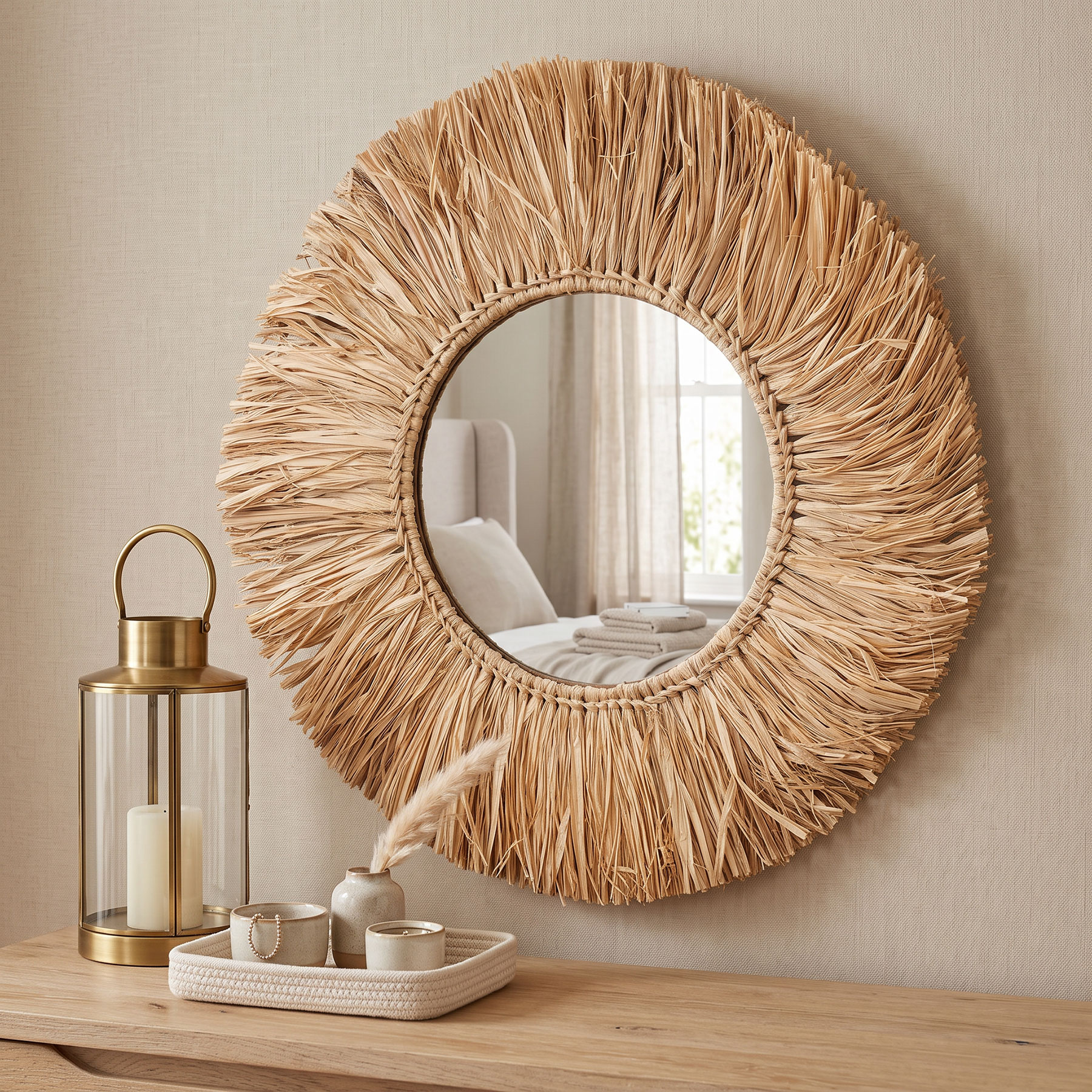 Wandspiegel Seegras Ø 50cm Spiegel Rund Flurspiegel Wanddeko Boho Deko Natur