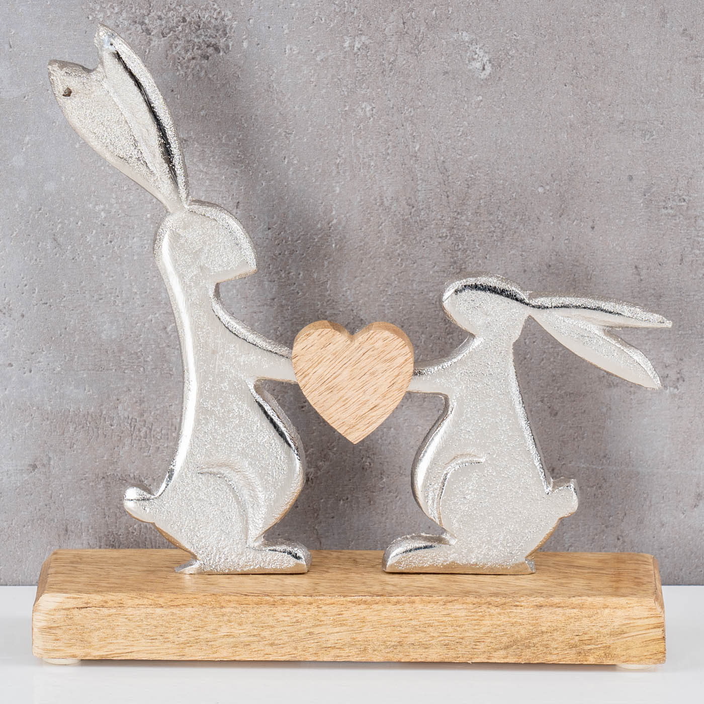 Osterhase Tischdeko Mangoholz Metall Braun Silber Natur Herz Ostern Deko Figur