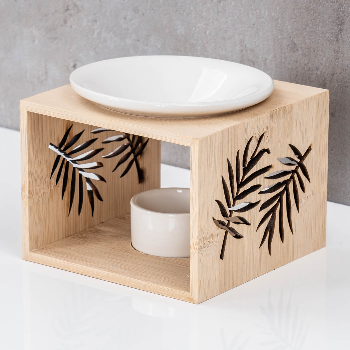 Duftlampe Bambus Natur Wei Keramik Holz Aromalampe Palmen-Blatt inkl. 10  Duftle