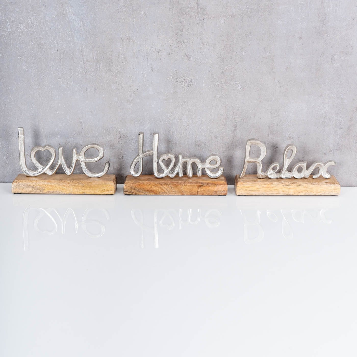 3er Set Schriftzug Love Home Relax Silber Mango Holz Metall Aufsteller Deko