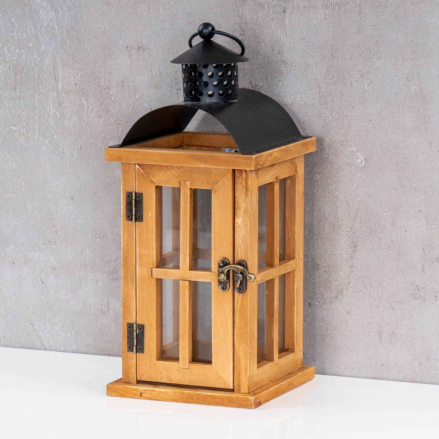 Laterne H29cm Braun Holz Metall Kerzenhalter Windlicht Gartendeko Holzlaterne