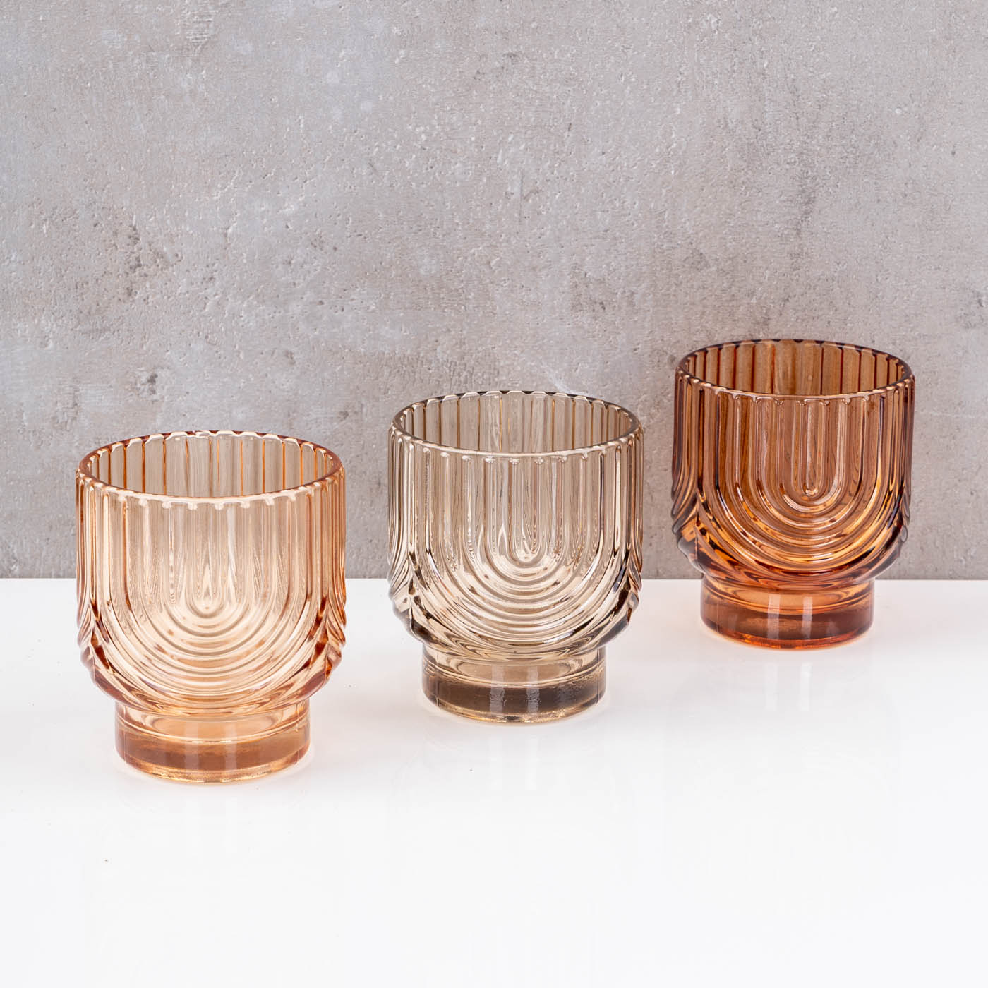 3er Set Kerzenglas Teelichthalter Bernstein Beige Orange Windlichter Herbst Deko