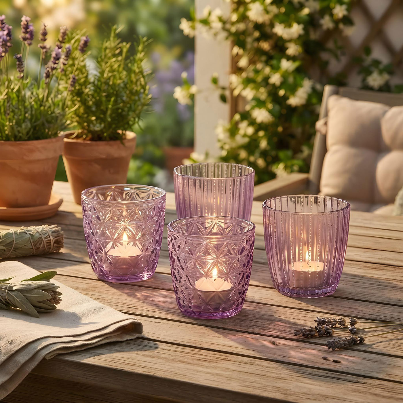 8er Set Windlicht Lila Glas Teelichthalter Violett Tischdeko Kerzen Retro Deko