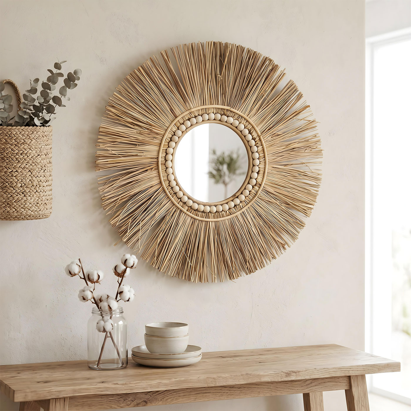 Spiegel Seegras Ø 55cm Wandspiegel Rund Flurspiegel Wanddeko Boho Deko Natur