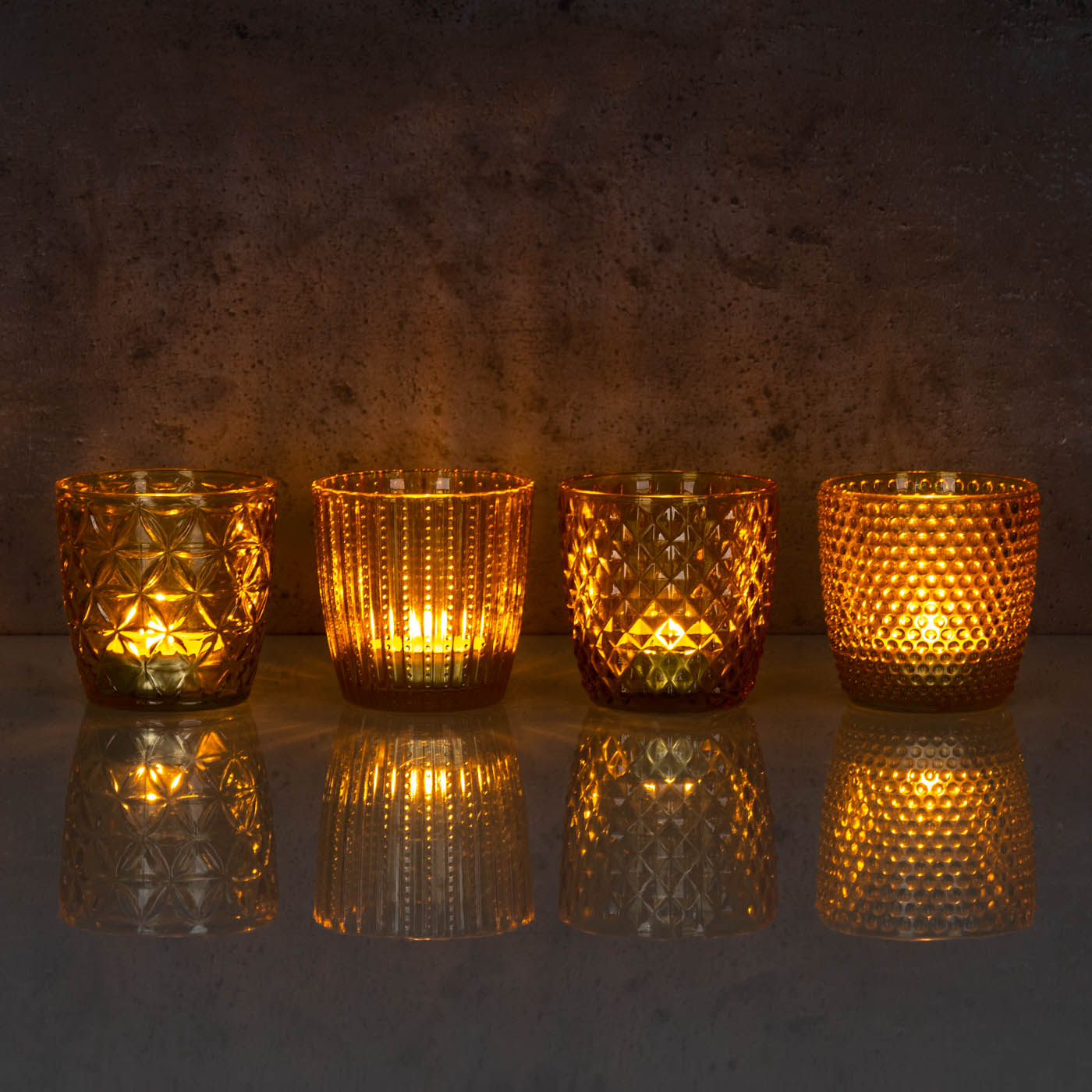 4er Set Windlicht H7,5cm Glas Gelb Teelichthalter Tischdeko Kerzen Retro Deko