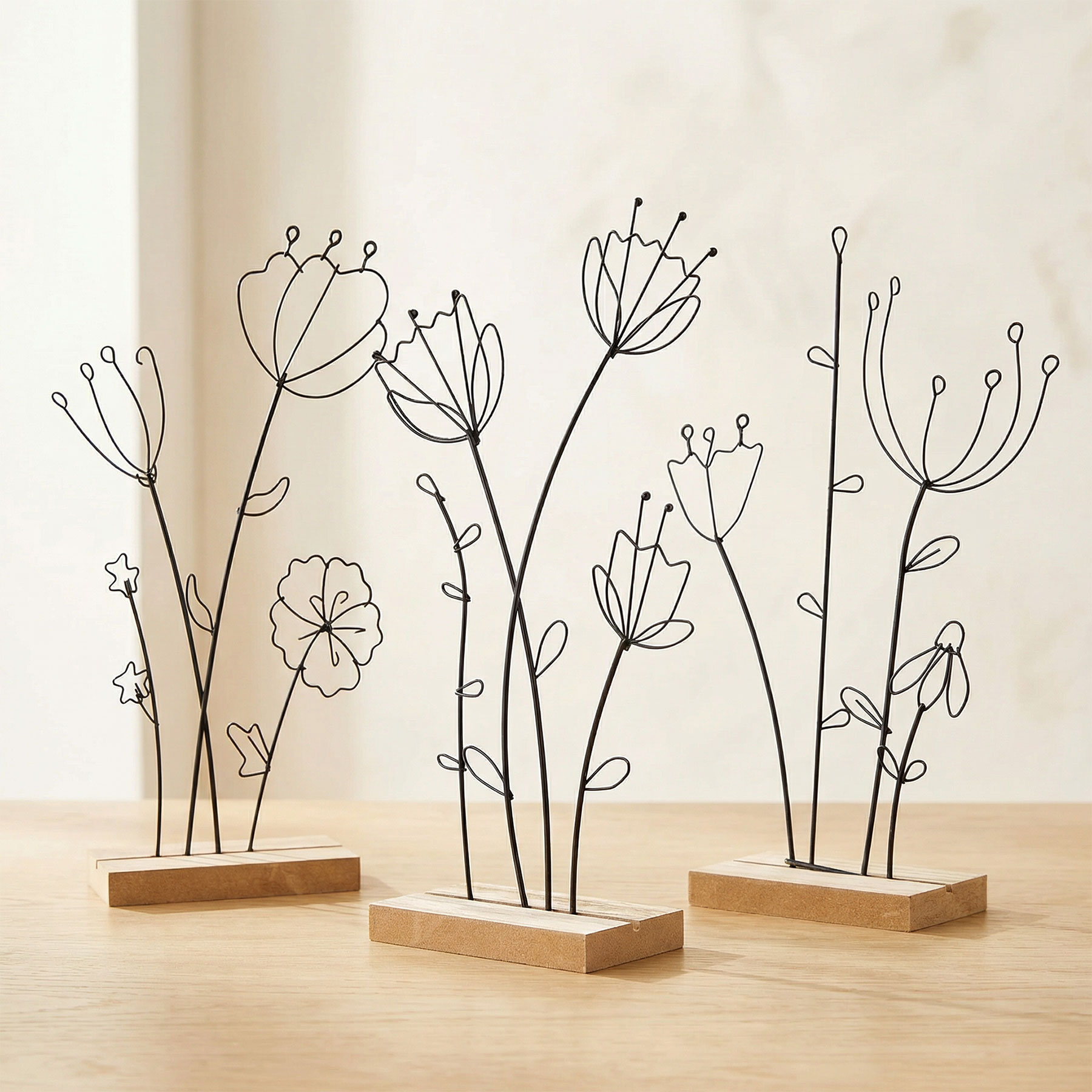 3er Set Aufsteller Blume Metall MDF Schwarz Natur Draht Deko Tischdeko Frühling