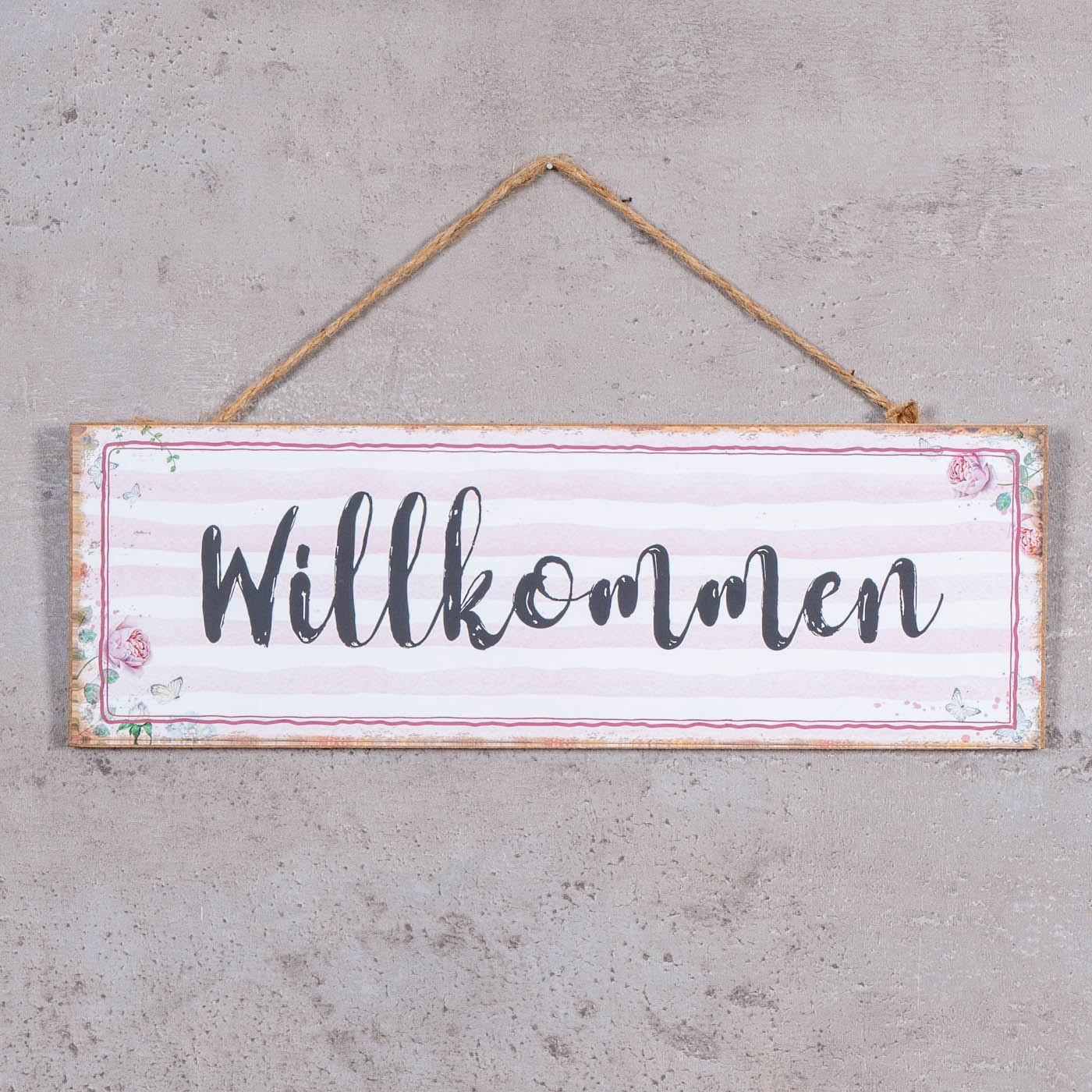 Willkommen Türschild 30x10cm Rosa Weiß Wandschild MDF Holz Holzschild Schild