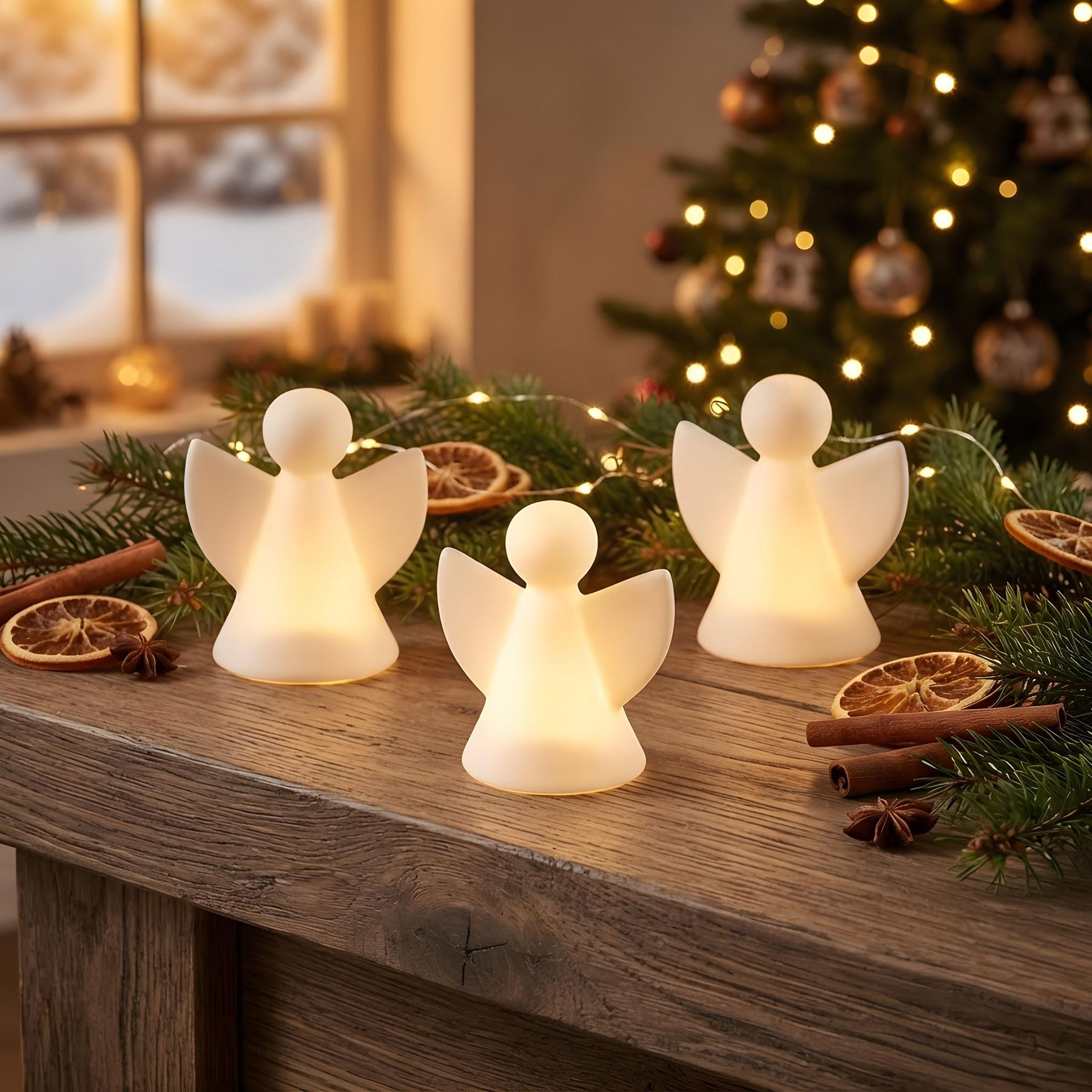 3er Set LED Deko Licht Engel Weiß Porzellan Weihnachtsdeko Engelfigur Tischdeko