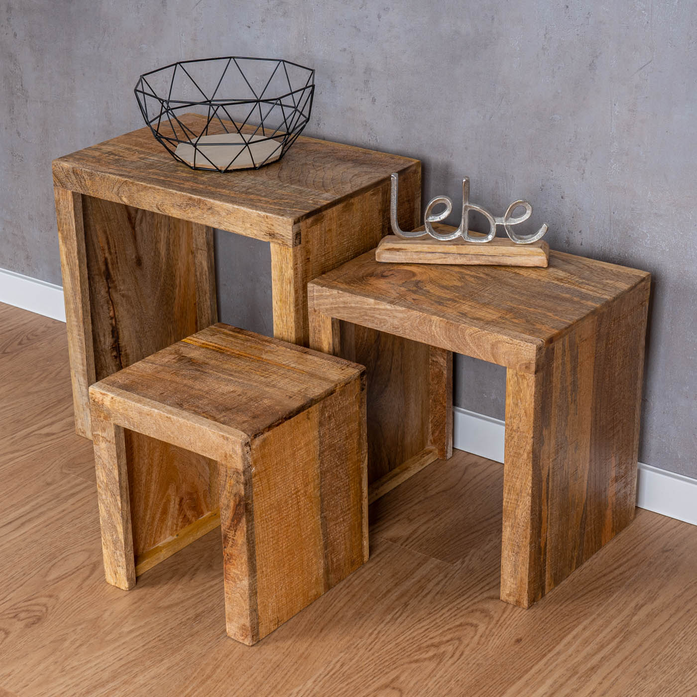 3er Set Beistelltisch Mango Holz Braun Natur Massiv Couchtisch Sofatisch Ablage