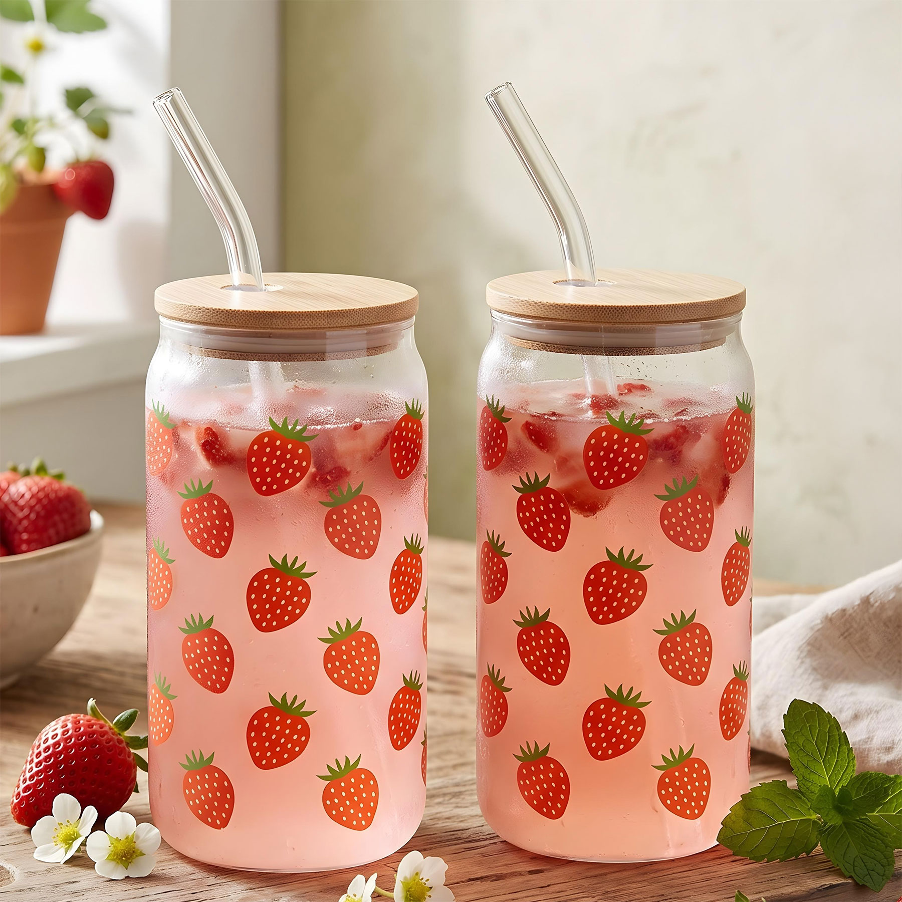 2er Set Trinkglas 500ml Erdbeere Glas-Strohhalm Bambusdeckel Trinkbecher Sommer