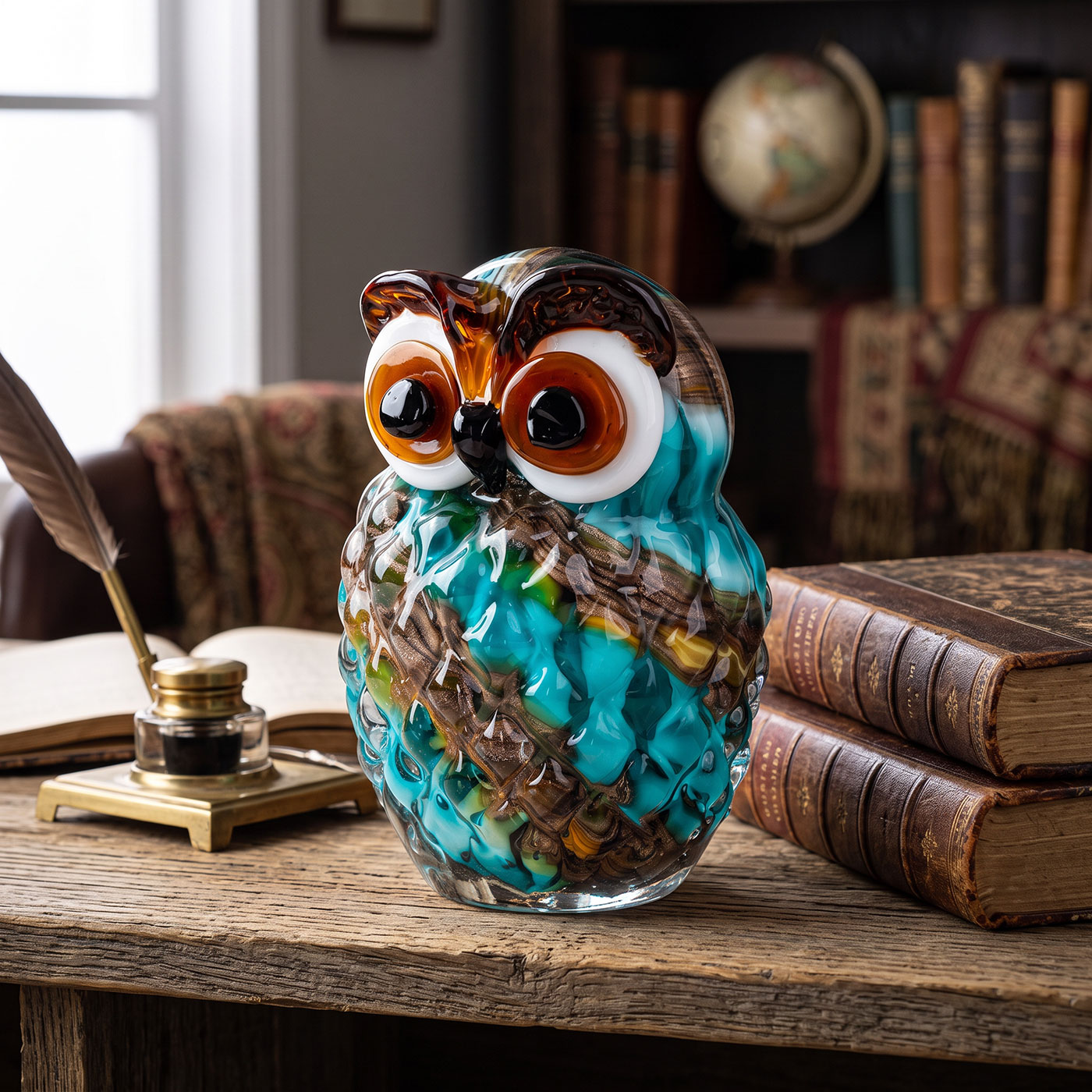 Glas Eule 19cm Murano-Stil Deko Figur Bunt Türkis Braun Vogel Skulptur Unikat