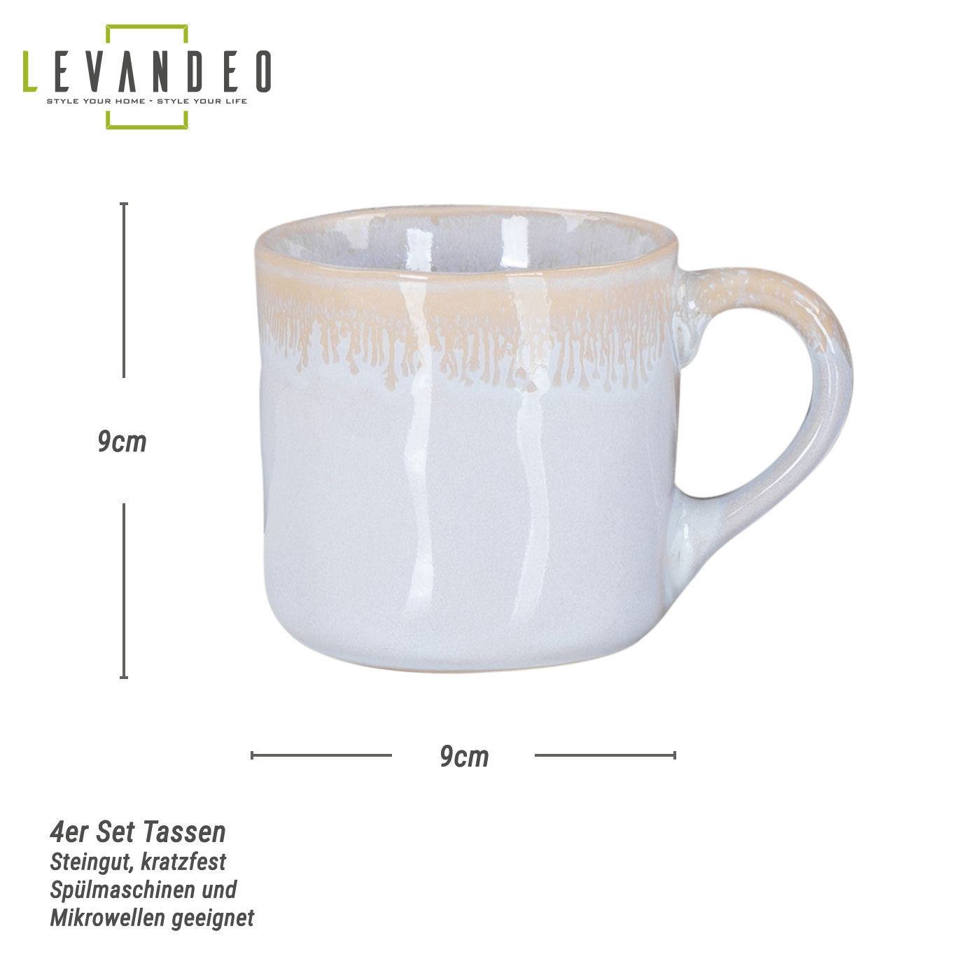 4er Set Steingut Becher 350ml Tasse Grau Kaffeepott Tasse Modern Design Küche
