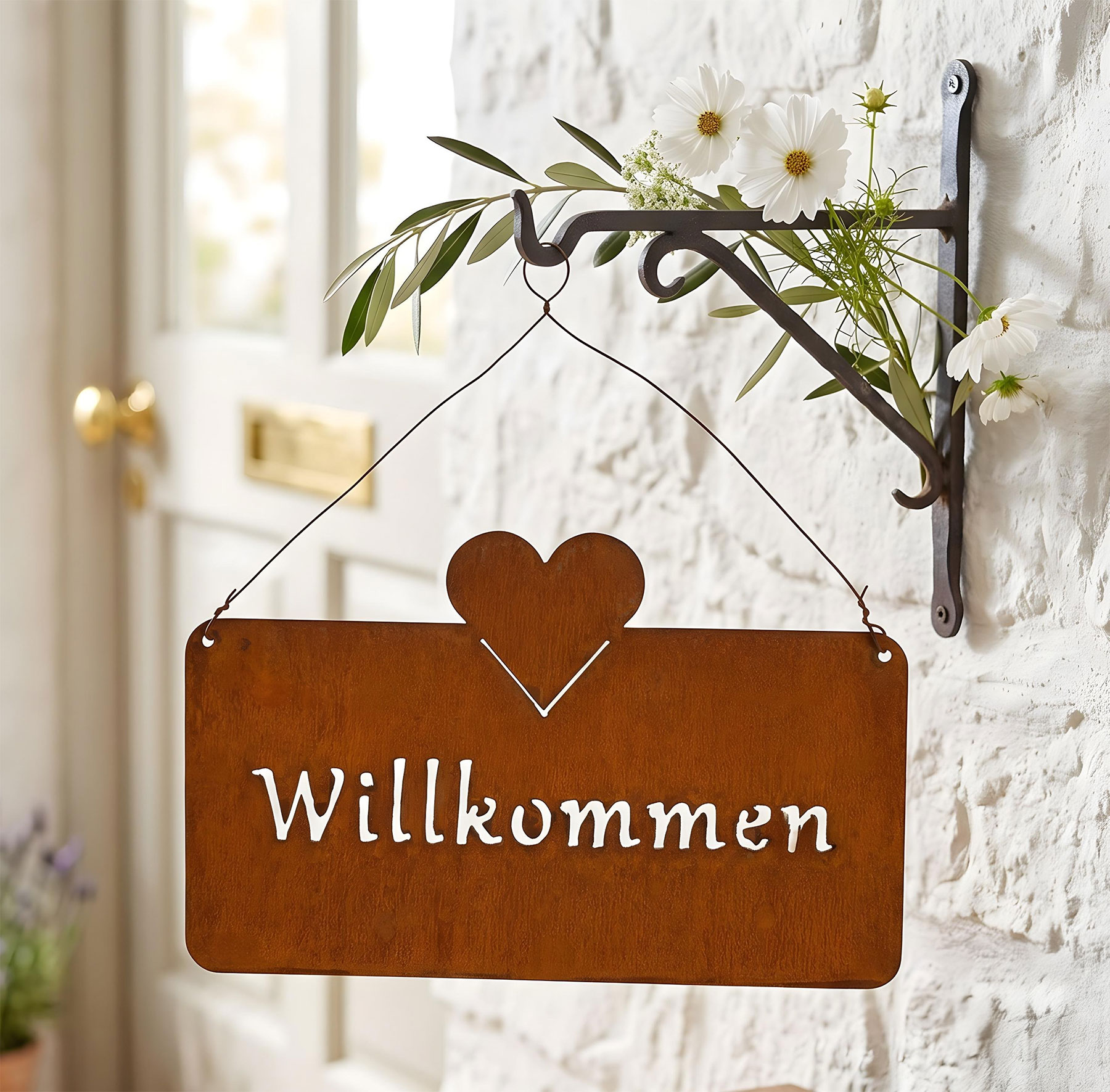 Willkommen Türschild Rost 25x16cm Gartendeko Eisen Hängeschild Gartenschild Herz
