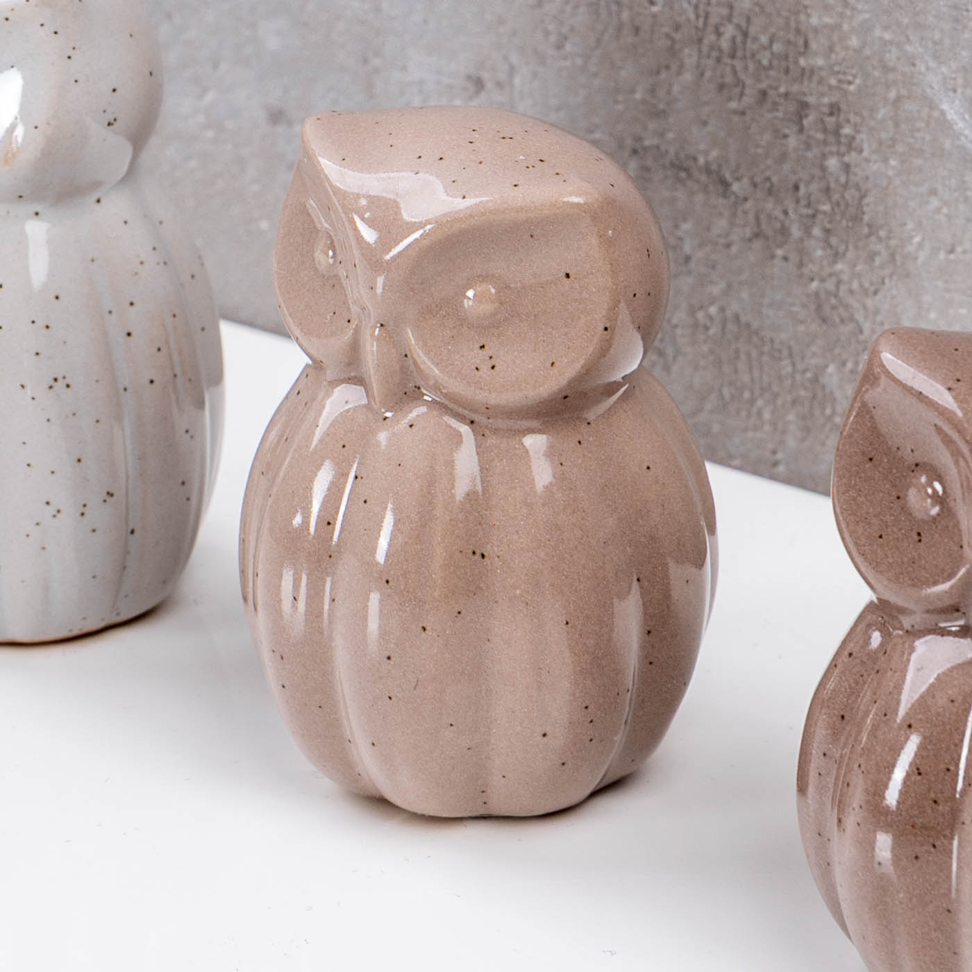 3er Set Eulen Porzellan Figur Braun Grau Taupe Dekofigur Tischdeko Wohndeko Deko