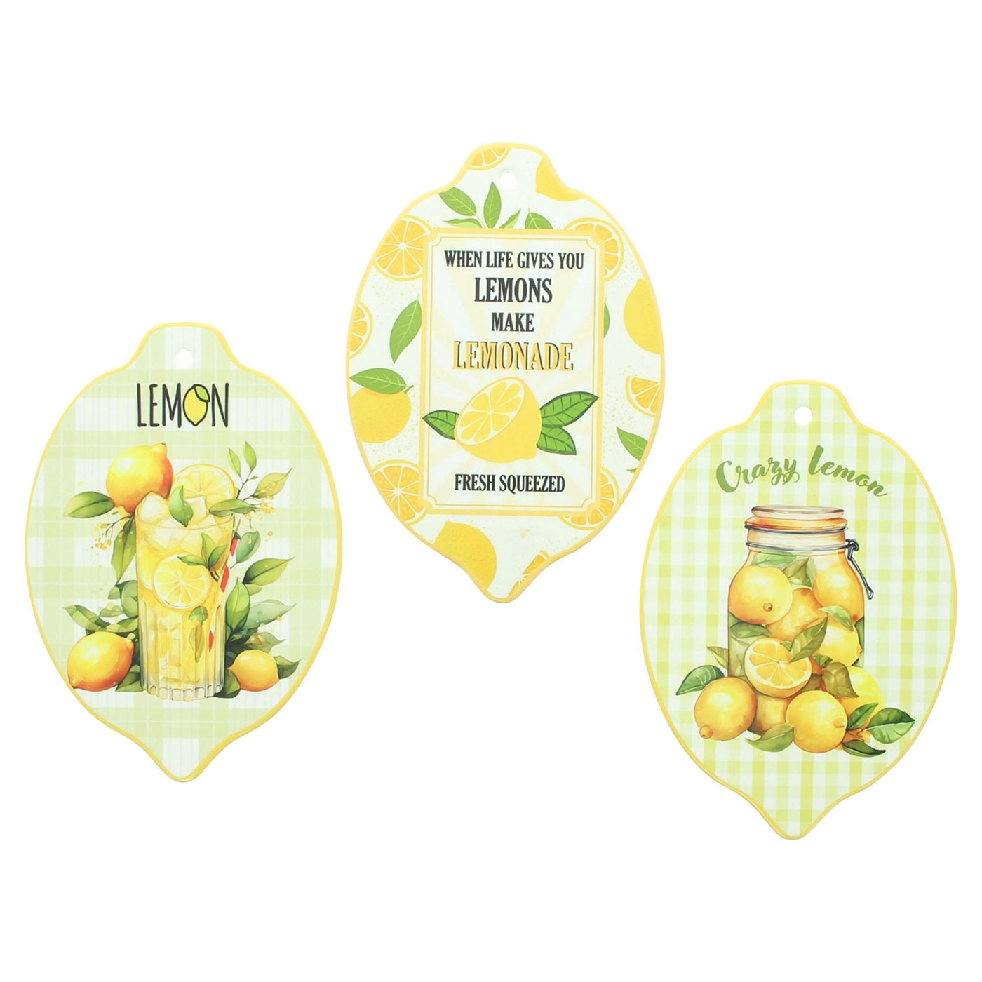 3er Set Zitronen Bilder 15x21cm Gelb Porzellan Glanz Mediterrane Wanddeko Küche