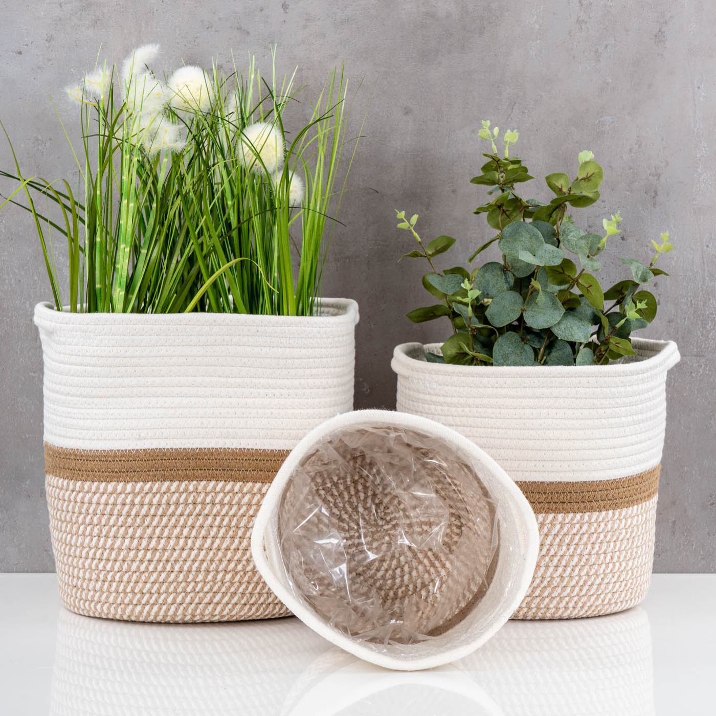 3er Set Aufbewahrungskorb Rund Natur Weiß Übertopf Geflochten Boho Baddeko Deko
