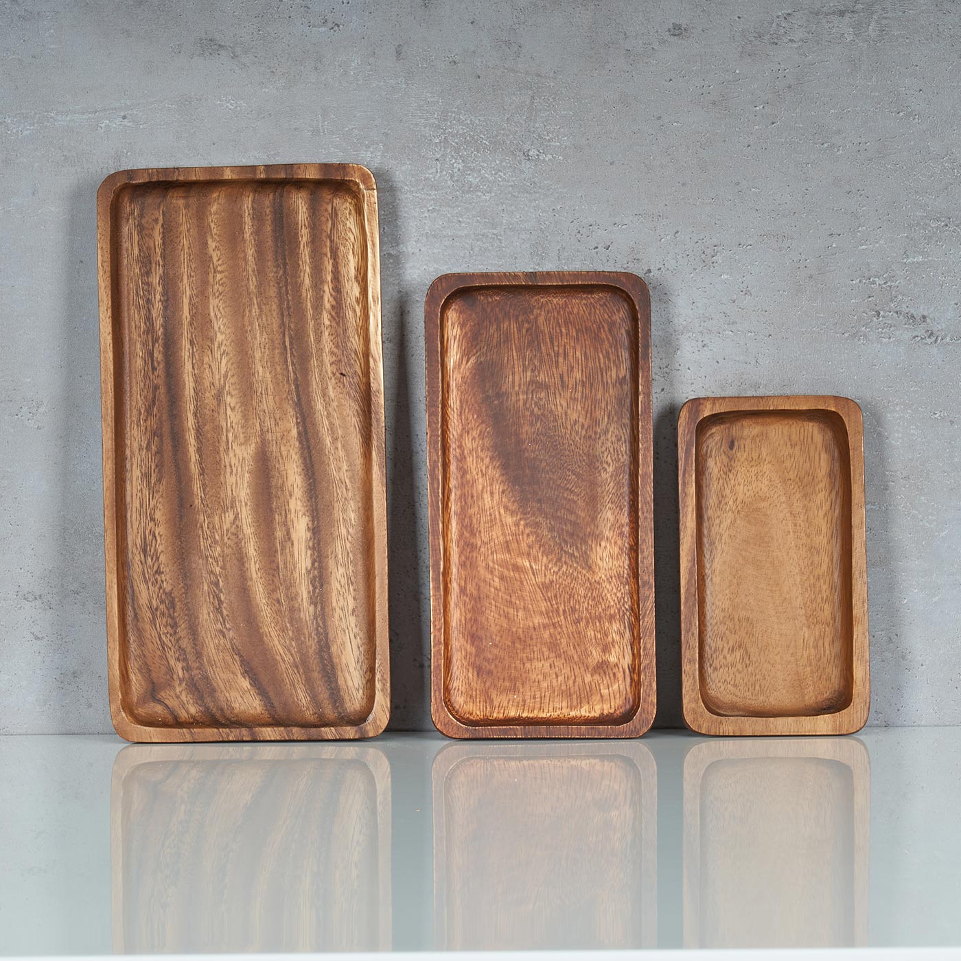 3er Set Tablett rechteckig Holz Akazienholz Holzschale Snackschale Natur Unikat