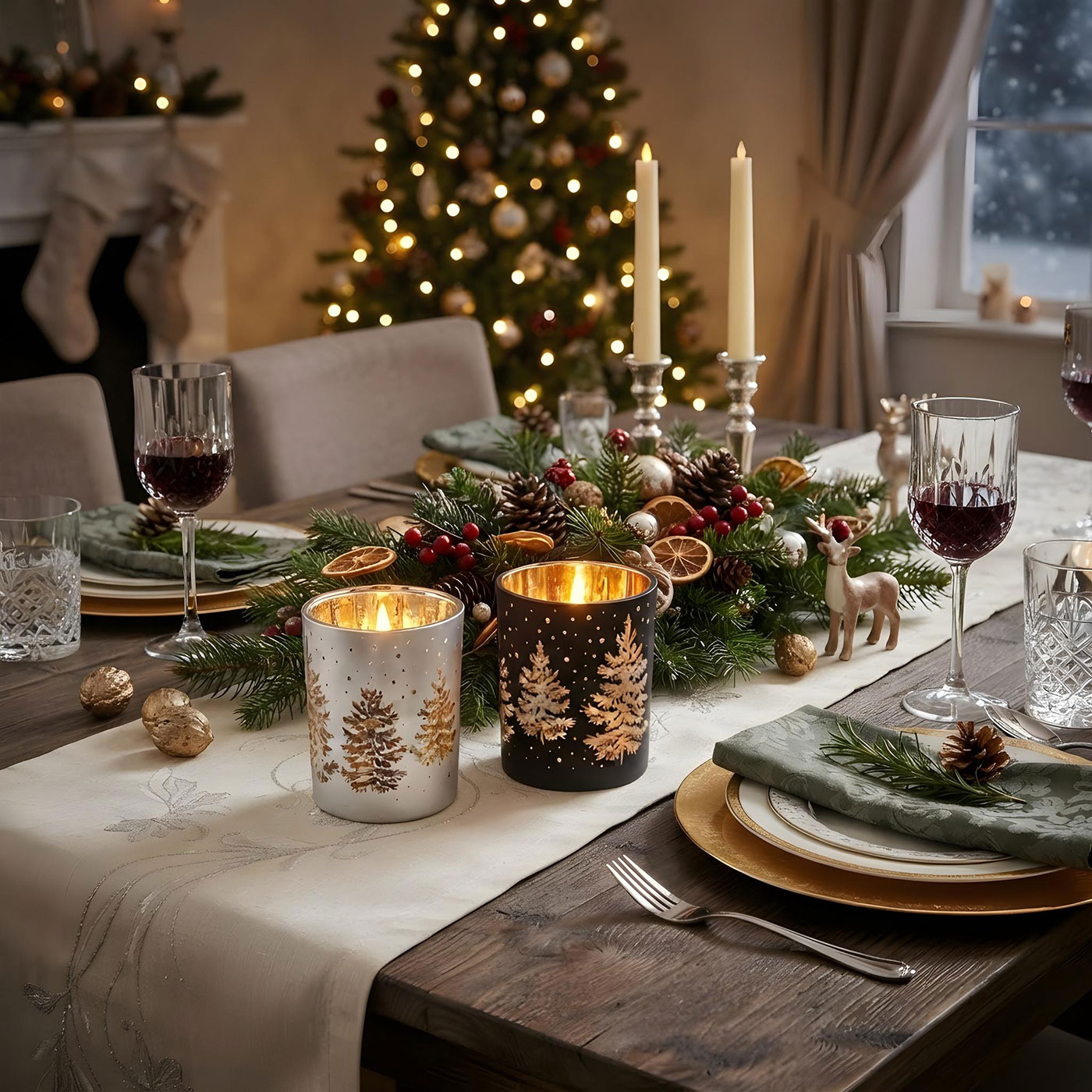 2er Set Windlicht Schwarz Gold Silber Tannenbaum Teelichthalter Weihnachten Deko