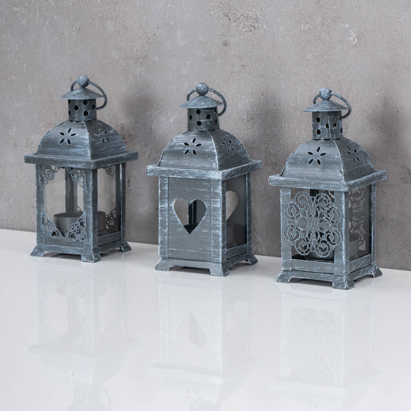 3er Set Laternen H14cm Grau Metall Shabby Chic Teelichthalter Tischdeko Outdoor