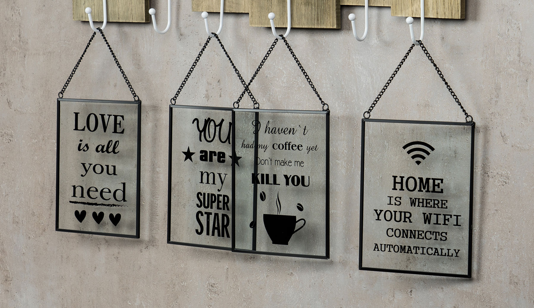 4er Set Glasbild je B x H 13 x 17cm Wandbild Bild Glas Sprüche Wanddeko