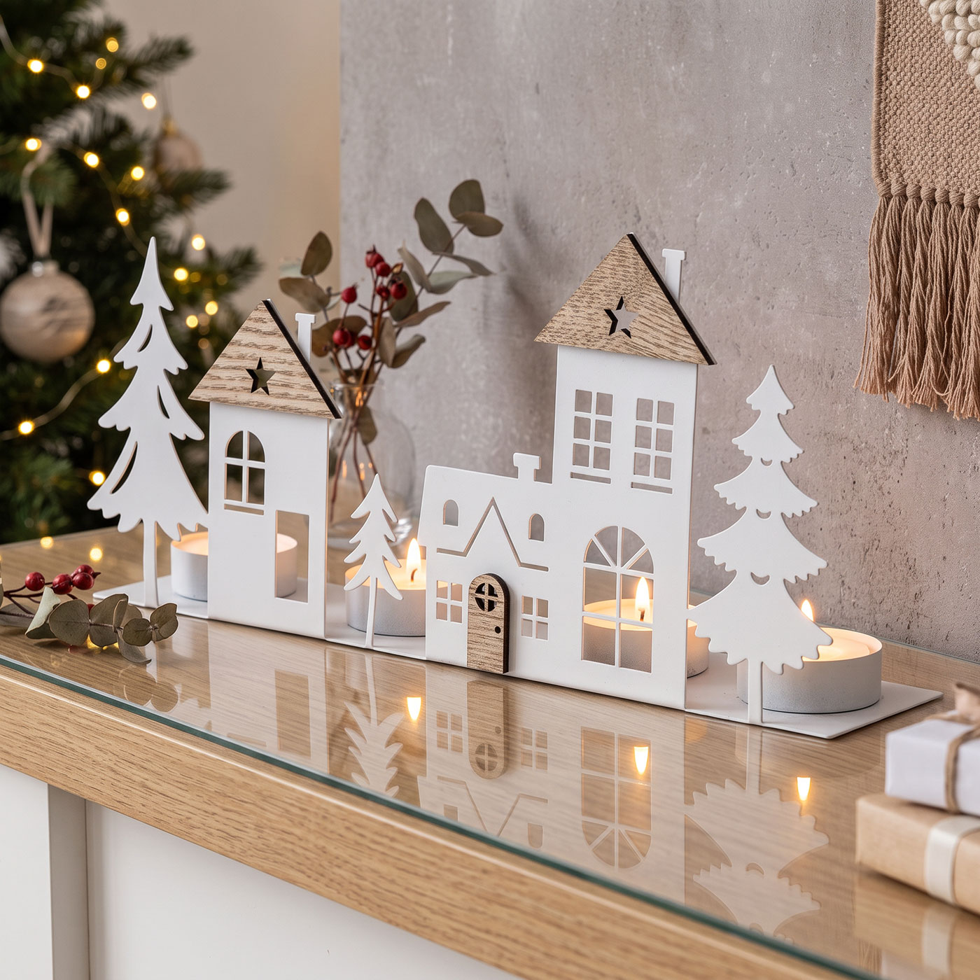 Teelichthalter Häuser Weiß 4 Kerzen MDF Holz Metall Weihnachtsdorf Advent Kerzen
