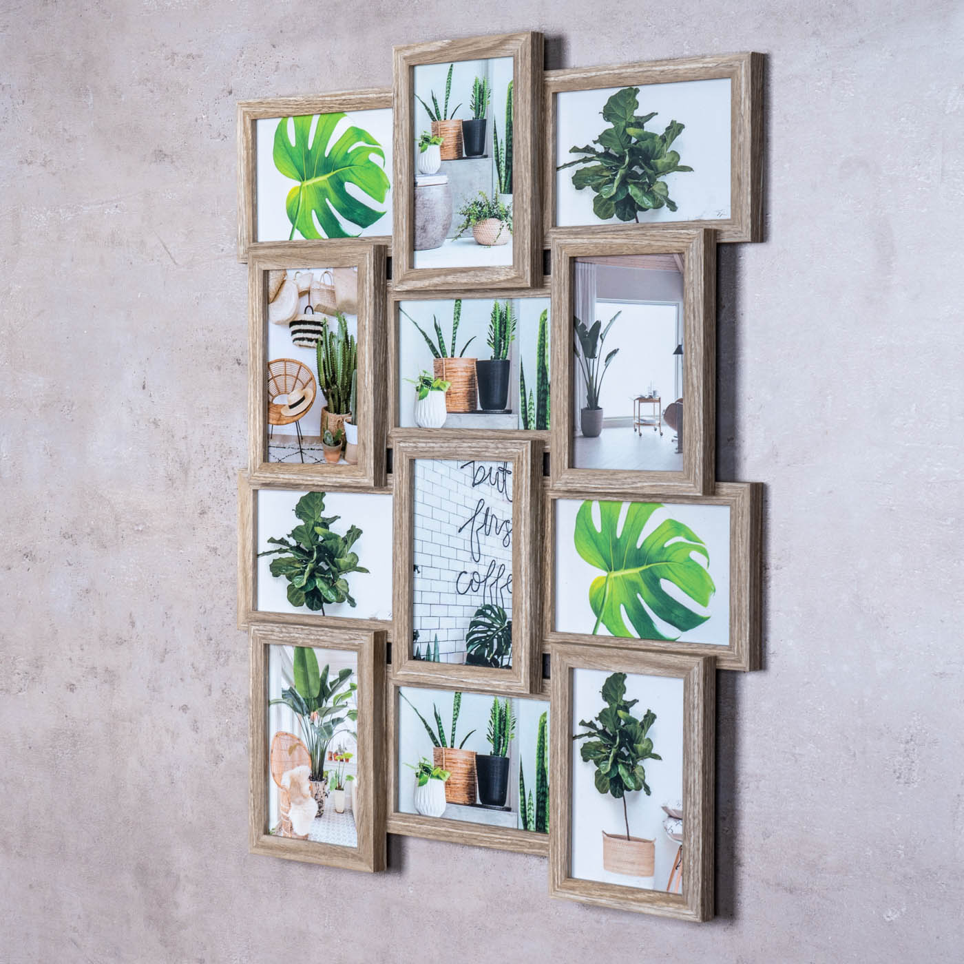 levandeo Bilderrahmen Collage 45x58cm 12 Fotos 10x15 Eiche gekälkt MDF Holz Glas