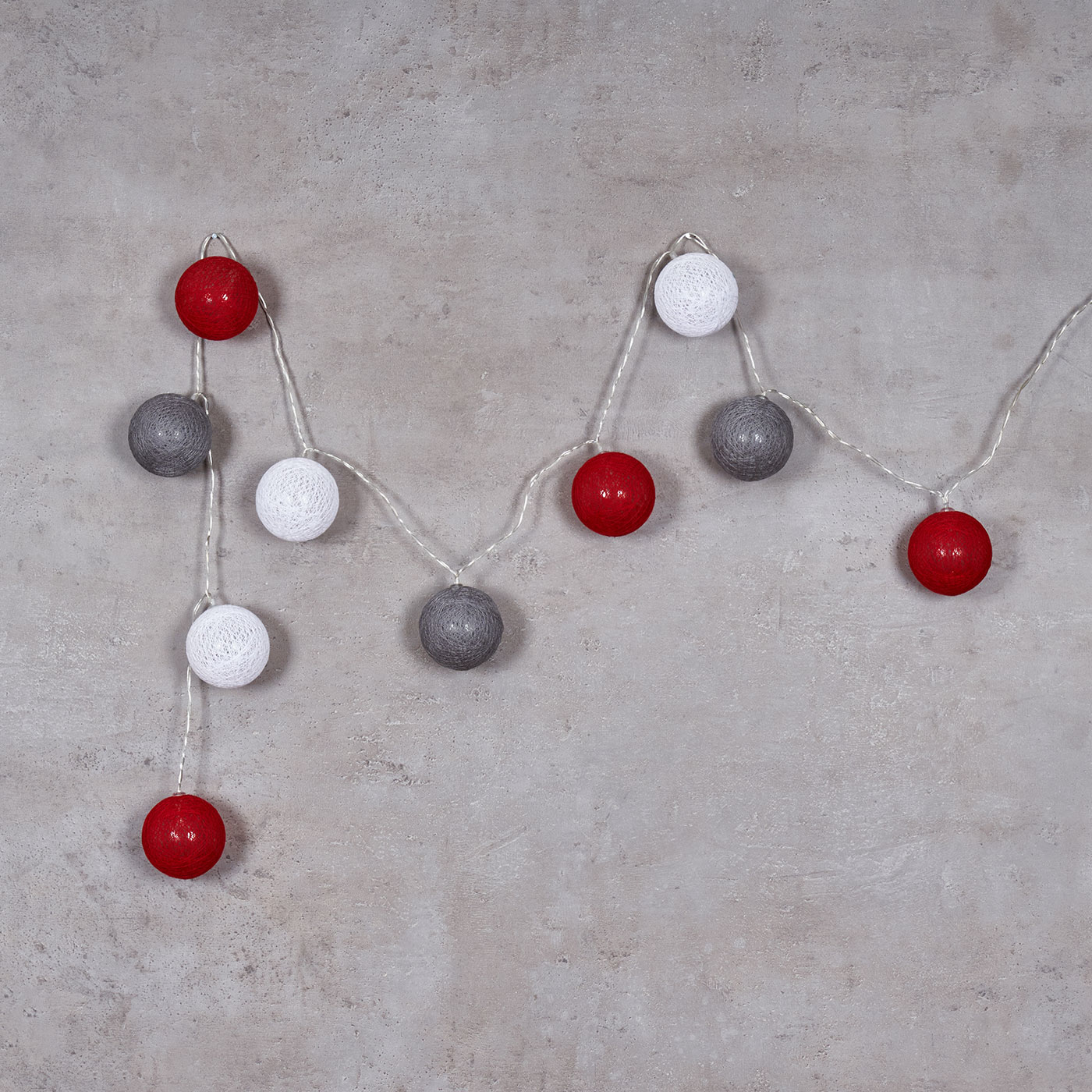 10er Lichterkette LED Ø6cm Kugeln Girlande Lampions Baumwolle Rot Grau Weiß Deko