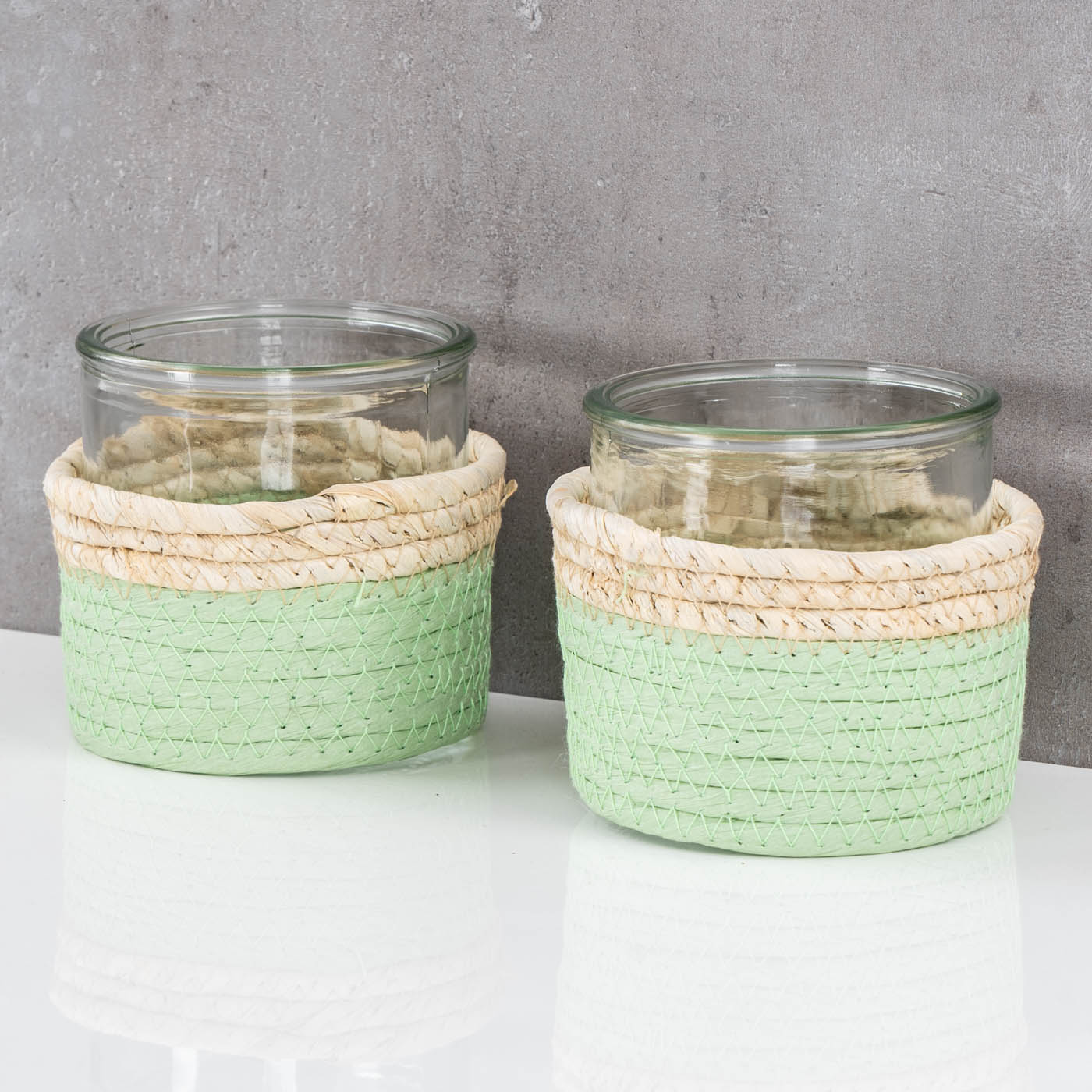 2er Set Glas Windlicht H10cm Natur Grün Teelichthalter Kerzenhalter Tischdeko