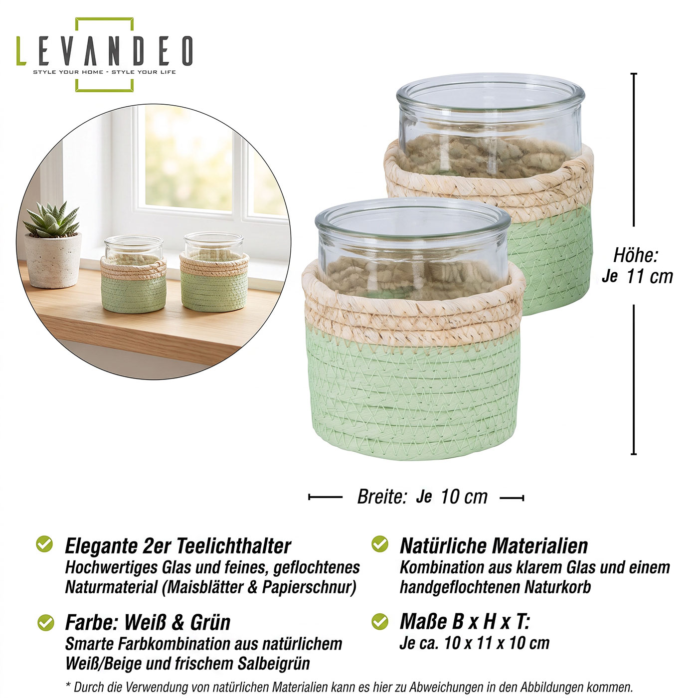 2er Set Glas Windlicht H10cm Natur Grün Teelichthalter Kerzenhalter Tischdeko