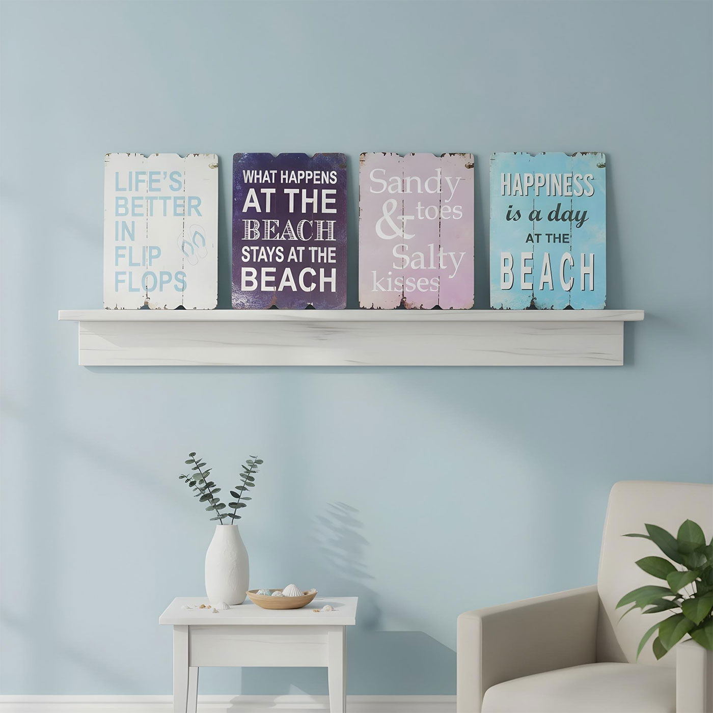 4er Set Wandbilder Strand Meer MDF Holz Dekoschild Shabby Beach Maritim Wanddeko