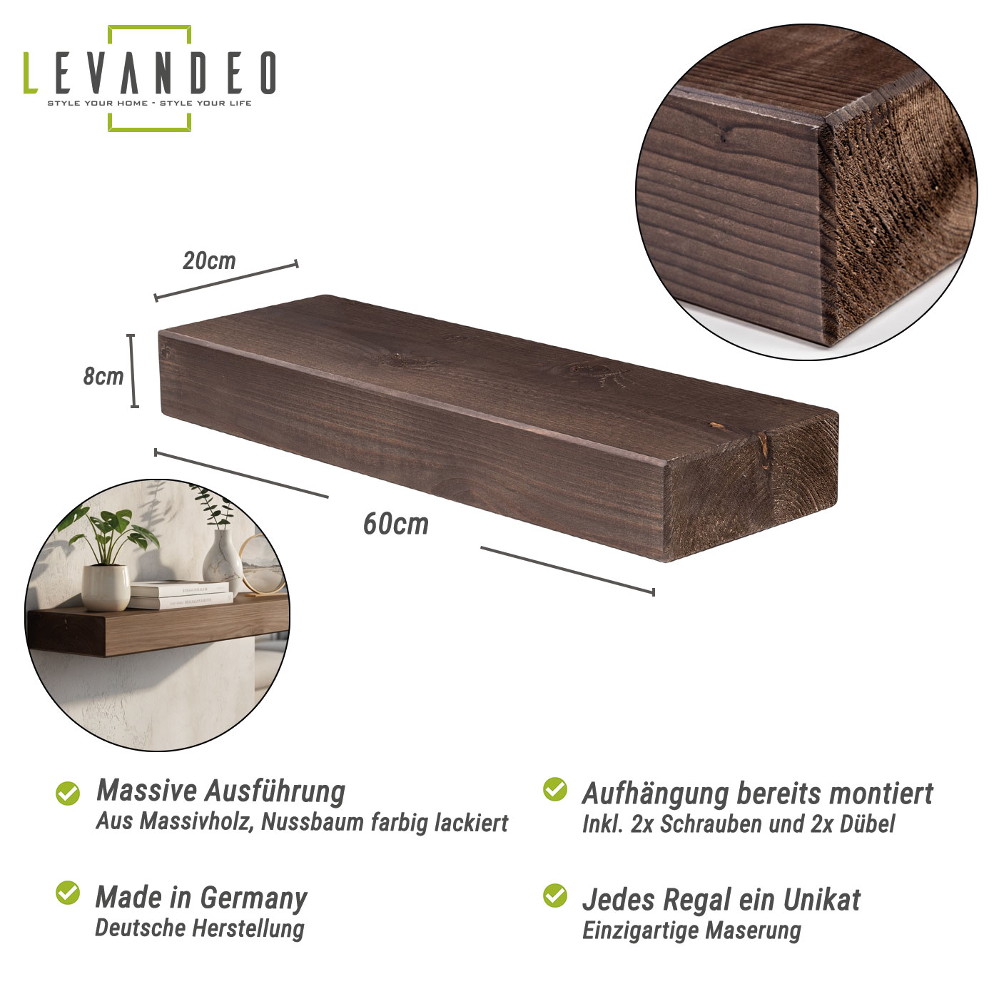 levandeo Wandregal Holz Massiv 60x20cm Nussbaum Farbig Wandboard Regal Vintage