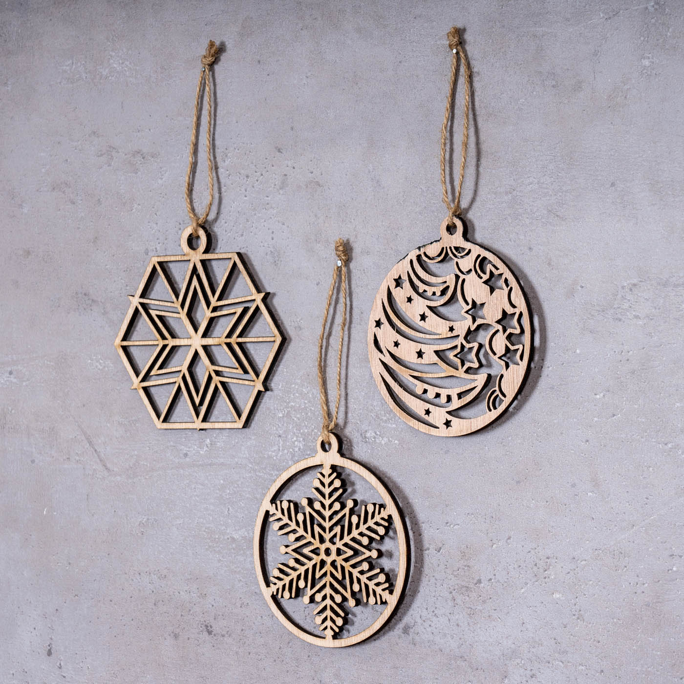3er Set Deko-Anhänger Weihnachten Holz Birkenholz Schneeflocke Kugel Baumschmuck